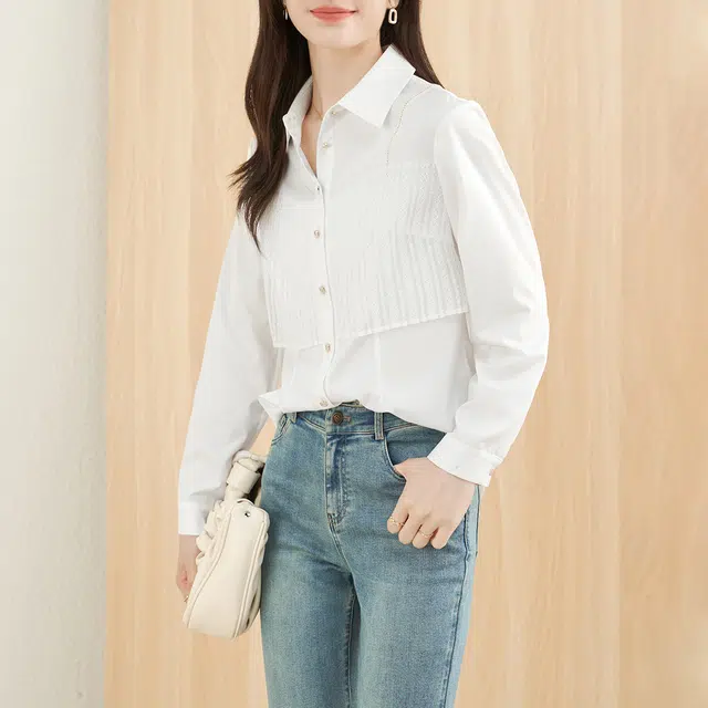 娅丽达 长袖单排扣方领长袖衬衫 女款 白色