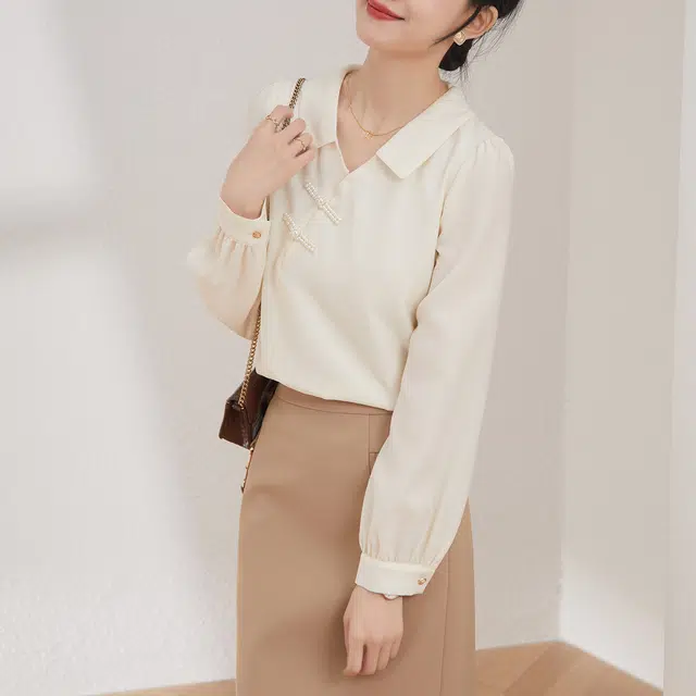 娅丽达 纯色套头直筒翻领休闲长袖衬衫 女款