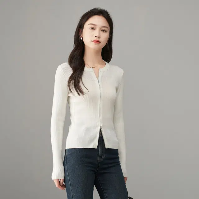 娅丽达 纯色双头拉链圆领修身针织衫 女款