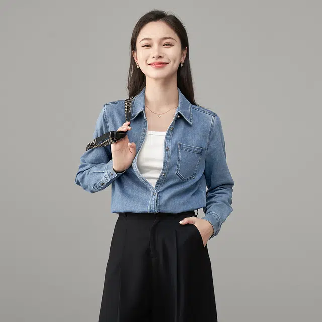 娅丽达 休闲纯色宽松翻领长袖牛仔衬衫 女款