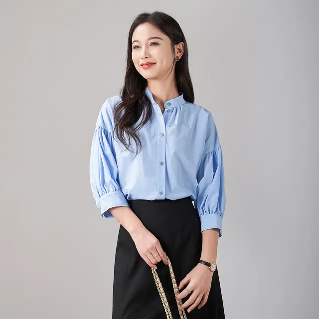 娅丽达 纯色灯笼袖圆领五分袖衬衫 女款