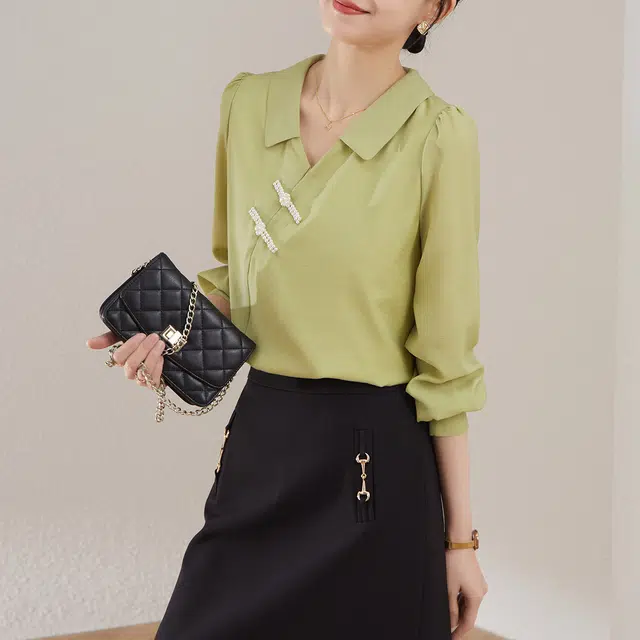 娅丽达 纯色套头直筒翻领休闲长袖衬衫 女款