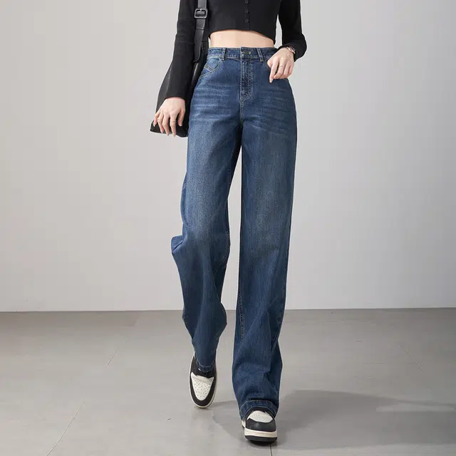 娅丽达 宽松显瘦拖地阔腿休闲牛仔裤 女款 蓝色