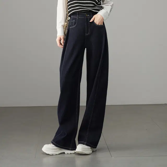 娅丽达 纯色自然腰加长款拉链阔腿牛仔裤 女
