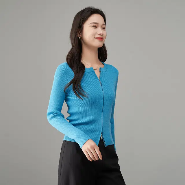 娅丽达 纯色双头拉链圆领修身针织衫 女款