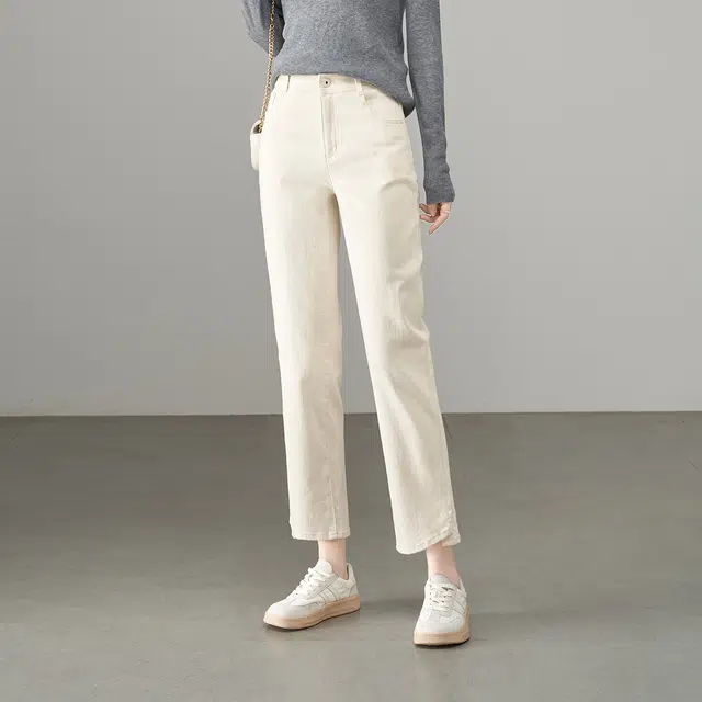 娅丽达 简约纯色九分开叉直筒牛仔裤 女款