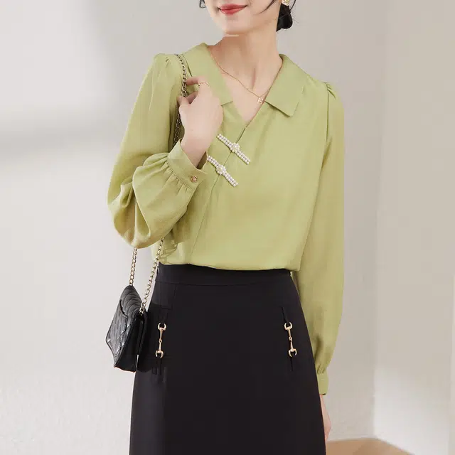 娅丽达 纯色套头直筒翻领休闲长袖衬衫 女款