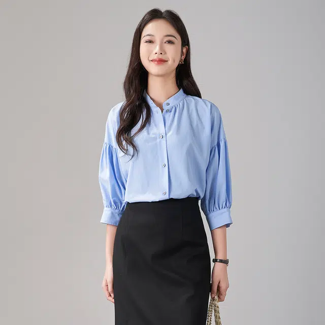 娅丽达 纯色灯笼袖圆领五分袖衬衫 女款