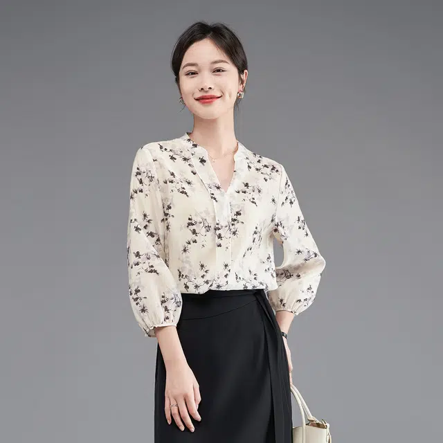 娅丽达 图案印花满印长袖衬衫 女款 米色