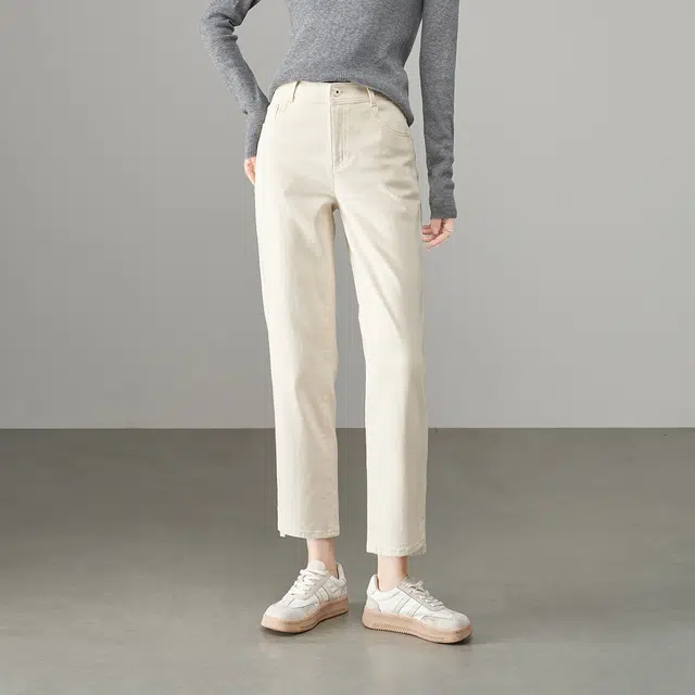 娅丽达 简约纯色九分开叉直筒牛仔裤 女款