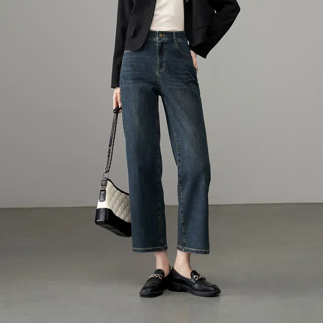 娅丽达 简约纯色拉链九分阔腿牛仔裤 女款