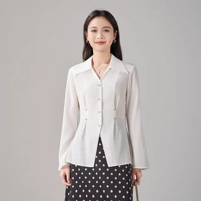 娅丽达 纯色尖领纽扣长袖衬衫 女款