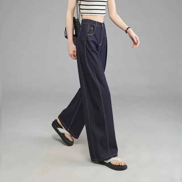 娅丽达 纯色薄款阔腿拉链休闲牛仔裤 女款