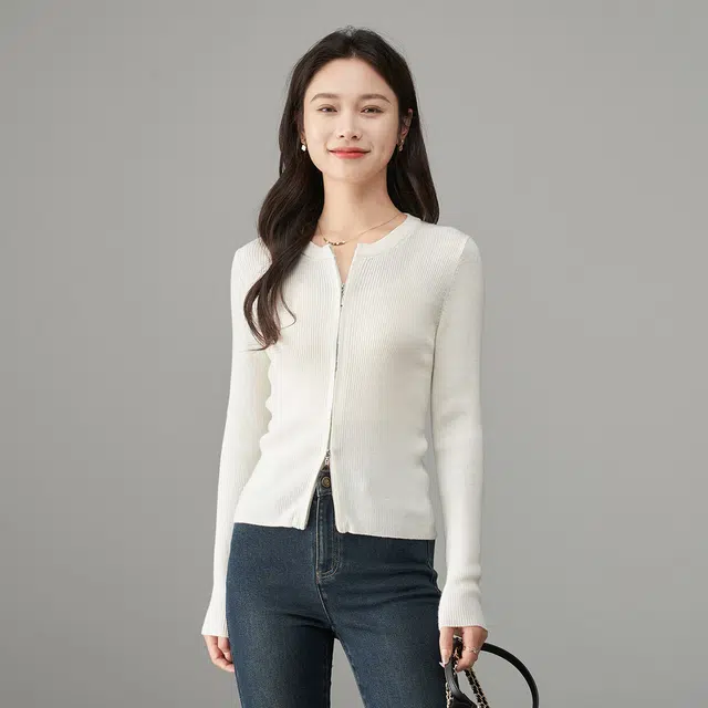 娅丽达 纯色双头拉链圆领修身针织衫 女款