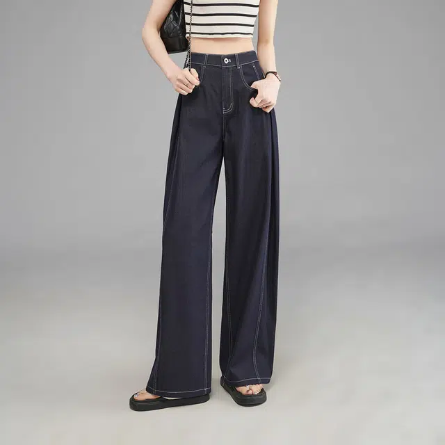 娅丽达 纯色薄款阔腿拉链休闲牛仔裤 女款