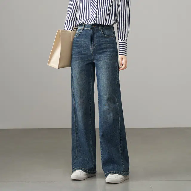 娅丽达 时尚阔腿宽松拉链纯色牛仔裤 女款