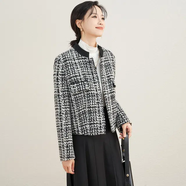 娅丽达 立领千鸟格小香风羊毛加厚夹克 女款 黑色