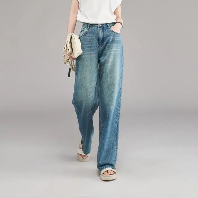 娅丽达 纯色拉链阔腿牛仔裤 女款 蓝色