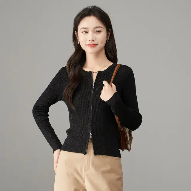 娅丽达 纯色双头拉链圆领修身针织衫 女款