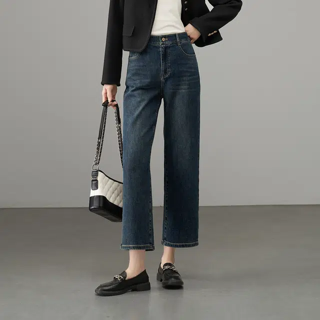 娅丽达 简约纯色拉链九分阔腿牛仔裤 女款