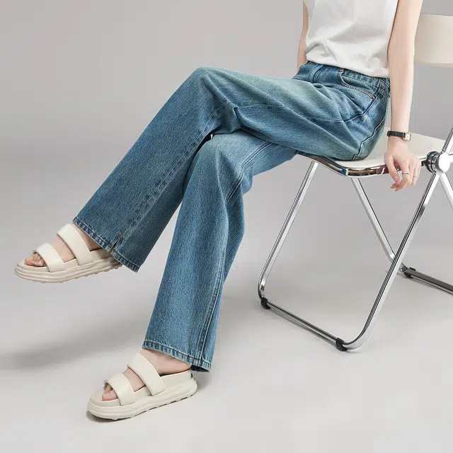 娅丽达 纯色拉链阔腿牛仔裤 女款 蓝色