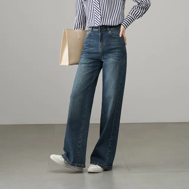 娅丽达 时尚阔腿宽松拉链纯色牛仔裤 女款