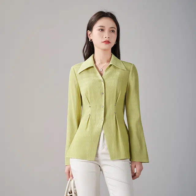 娅丽达 纯色尖领纽扣长袖衬衫 女款