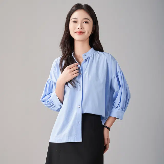 娅丽达 纯色灯笼袖圆领五分袖衬衫 女款