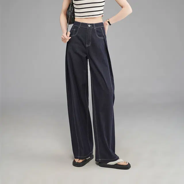 娅丽达 纯色薄款阔腿拉链休闲牛仔裤 女款
