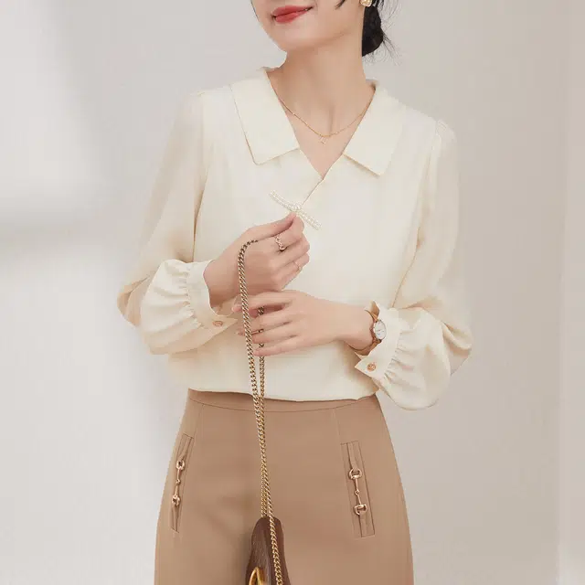 娅丽达 纯色套头直筒翻领休闲长袖衬衫 女款