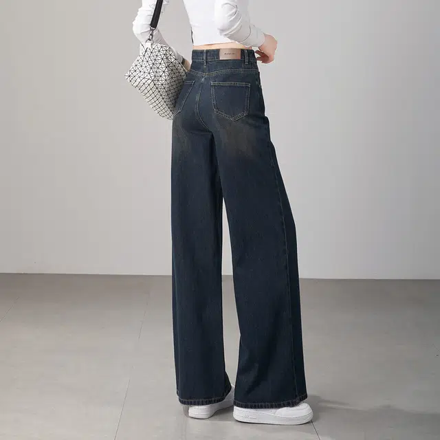 娅丽达 宽松垂感显瘦阔腿水洗牛仔裤 女款 美拉德蓝