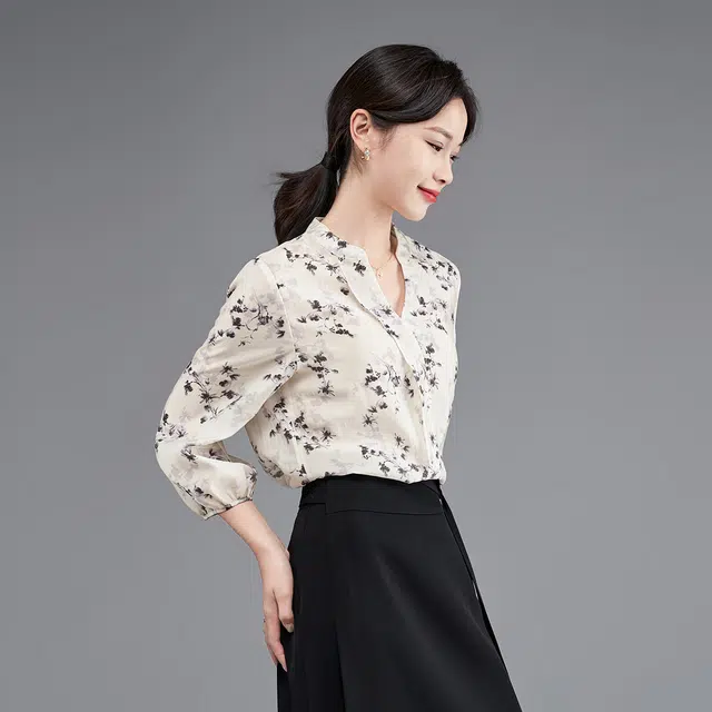 娅丽达 图案印花满印长袖衬衫 女款 米色
