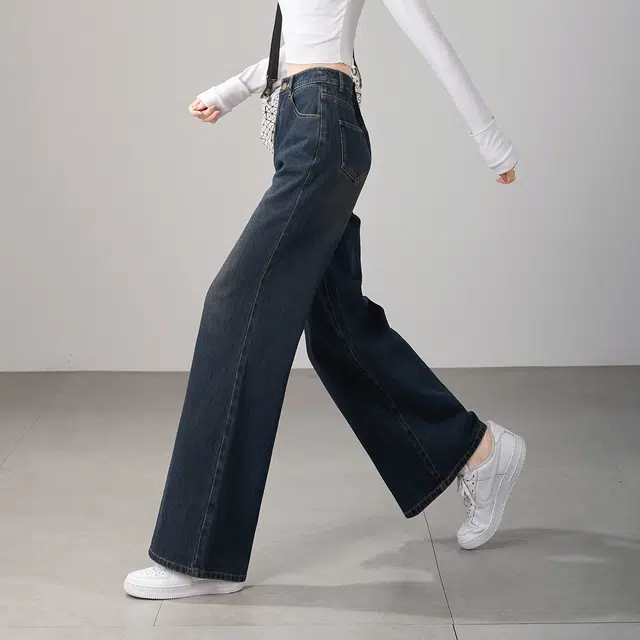 娅丽达 宽松垂感显瘦阔腿水洗牛仔裤 女款 美拉德蓝