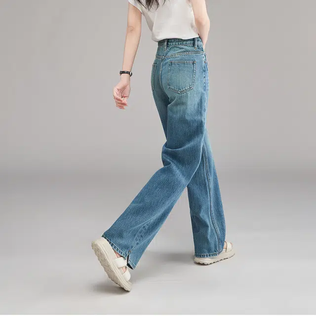 娅丽达 纯色拉链阔腿牛仔裤 女款 蓝色