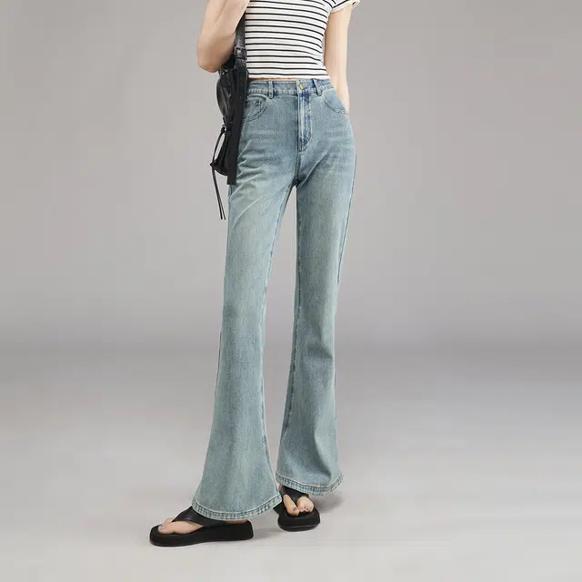 娅丽达 纯色高腰弹力马蹄喇叭牛仔裤 女款 蓝色
