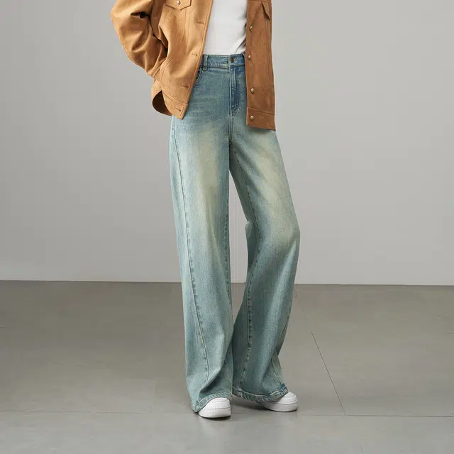 娅丽达 时尚阔腿宽松拉链纯色牛仔裤 女款