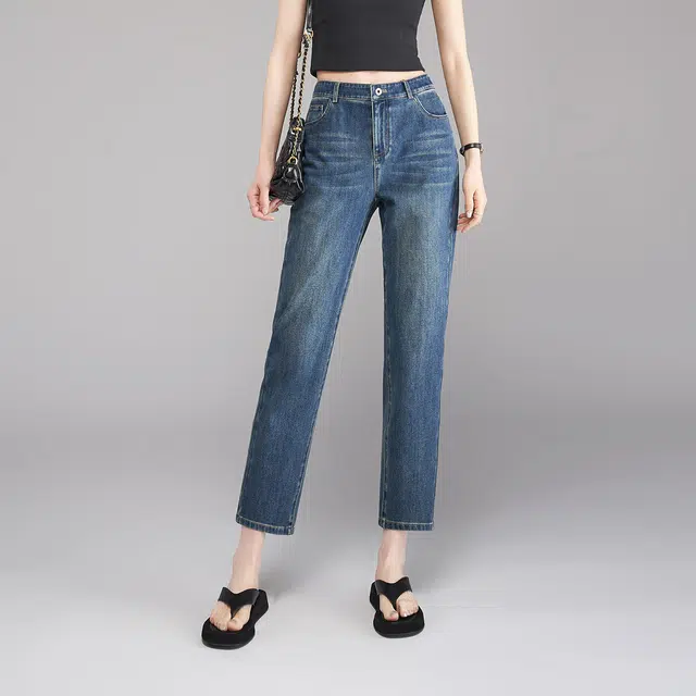 娅丽达 水洗猫须中腰直筒九分牛仔裤 女款