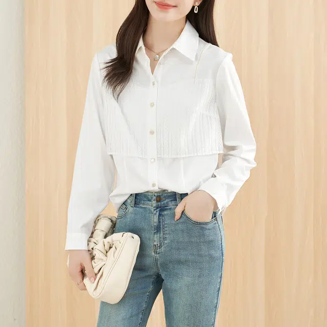娅丽达 长袖单排扣方领长袖衬衫 女款 白色
