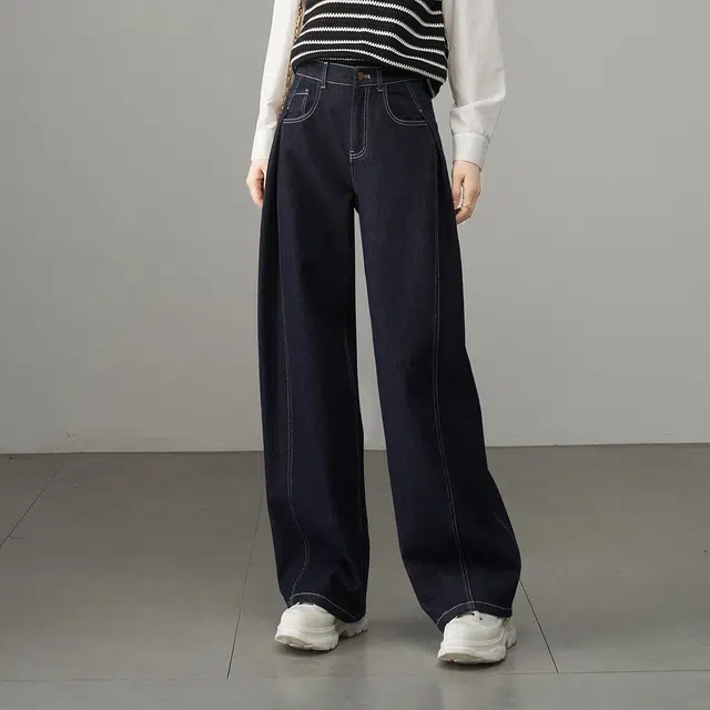 娅丽达 纯色自然腰加长款拉链阔腿牛仔裤 女
