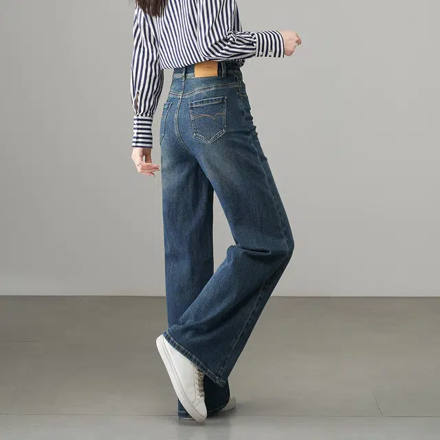 娅丽达 时尚阔腿宽松拉链纯色牛仔裤 女款