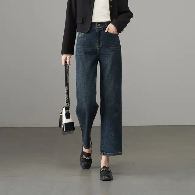 娅丽达 简约纯色拉链九分阔腿牛仔裤 女款