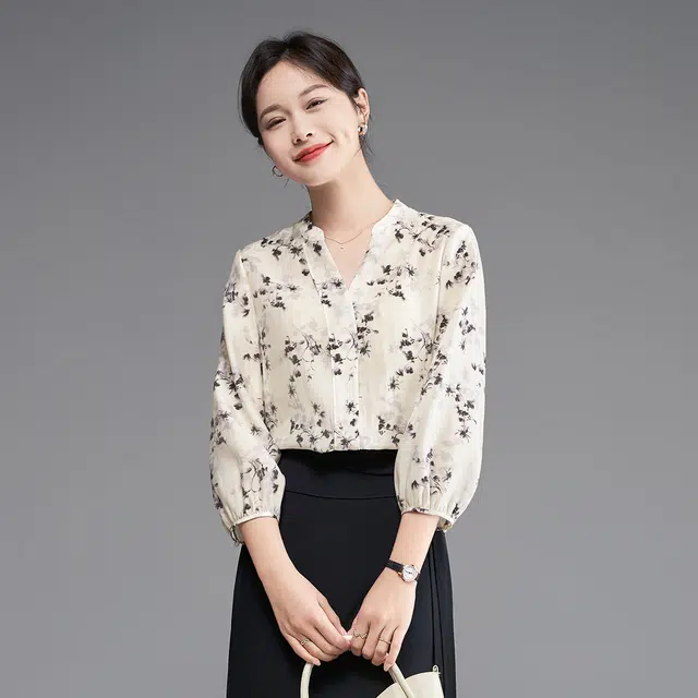 娅丽达 图案印花满印长袖衬衫 女款 米色