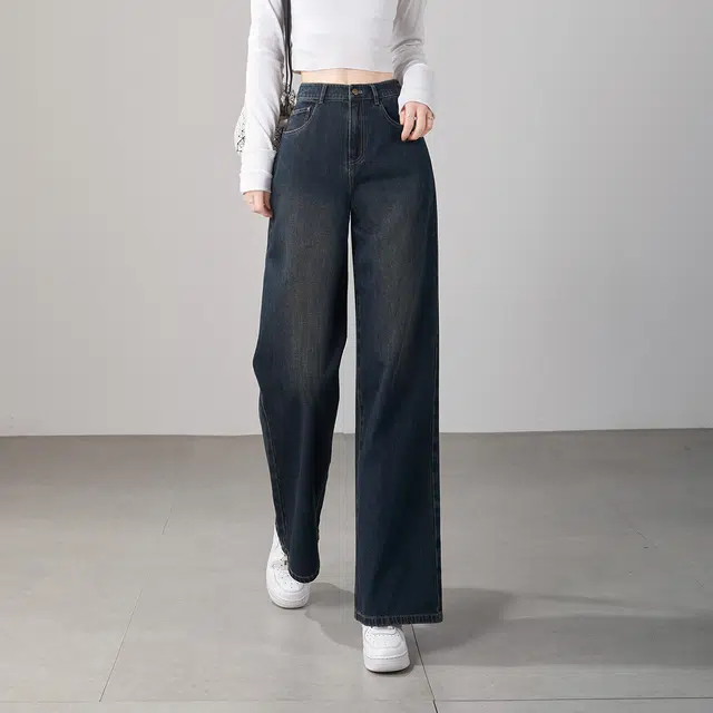 娅丽达 宽松垂感显瘦阔腿水洗牛仔裤 女款 美拉德蓝