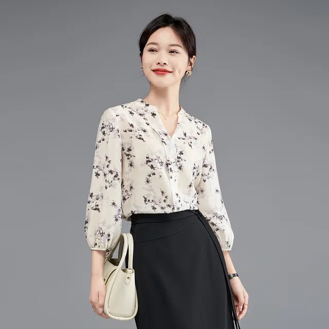 娅丽达 图案印花满印长袖衬衫 女款 米色