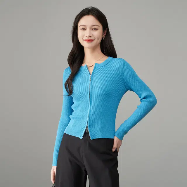 娅丽达 纯色双头拉链圆领修身针织衫 女款