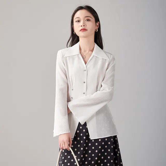 娅丽达 纯色尖领纽扣长袖衬衫 女款