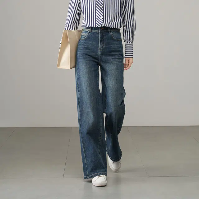 娅丽达 时尚阔腿宽松拉链纯色牛仔裤 女款