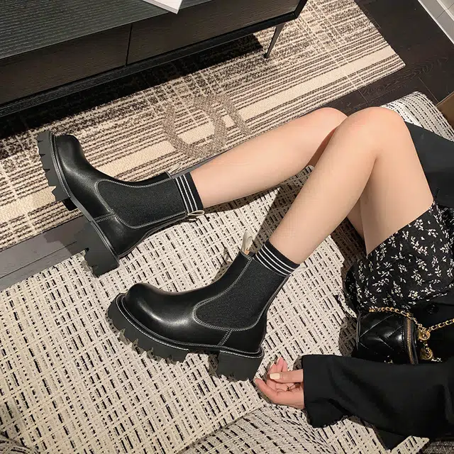 苏颜娇 头层牛皮 简约经典百搭舒适 小众个性 短筒 切尔西靴 女