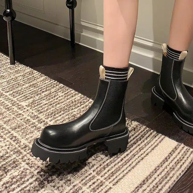 苏颜娇 头层牛皮 简约经典百搭舒适 小众个性 短筒 切尔西靴 女