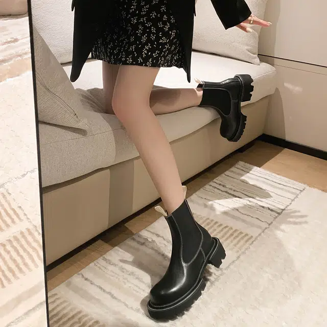 苏颜娇 头层牛皮 简约经典百搭舒适 小众个性 短筒 切尔西靴 女